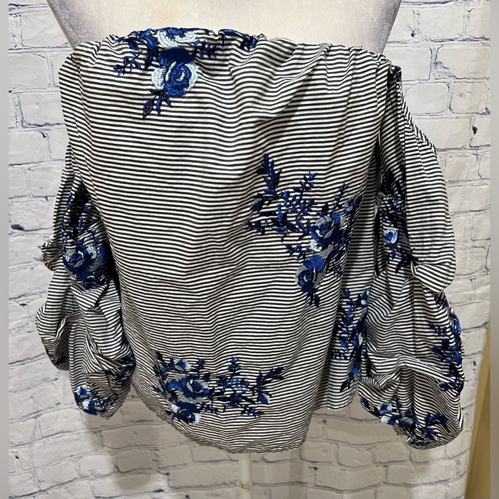 Marc Bouwer Embroidered Woven Lantern Sleeve Off-the-Shoulder Knit Lined Top XL - Picture 2 of 9